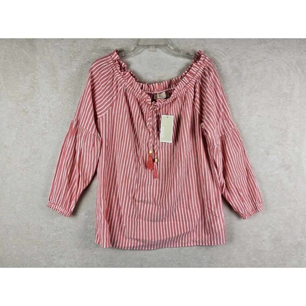 Michael Kors MK Women’s Striped Drawstring Neck Off Shoulder Blouse Top Size M
